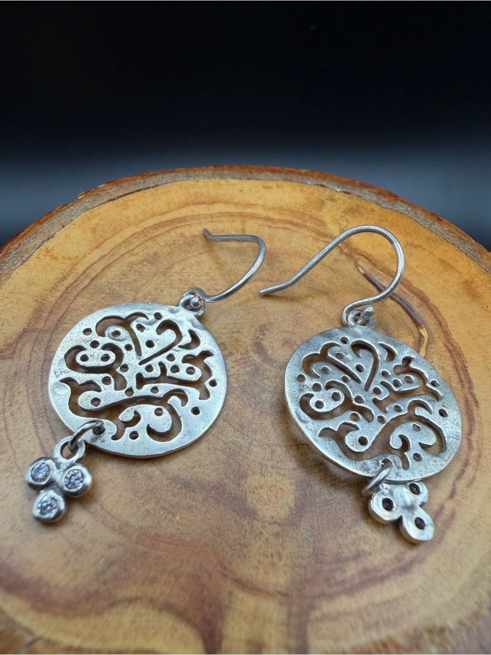3.9g Sterling Silver Filigree Round Drop Earrings w/ Crystal Cluster